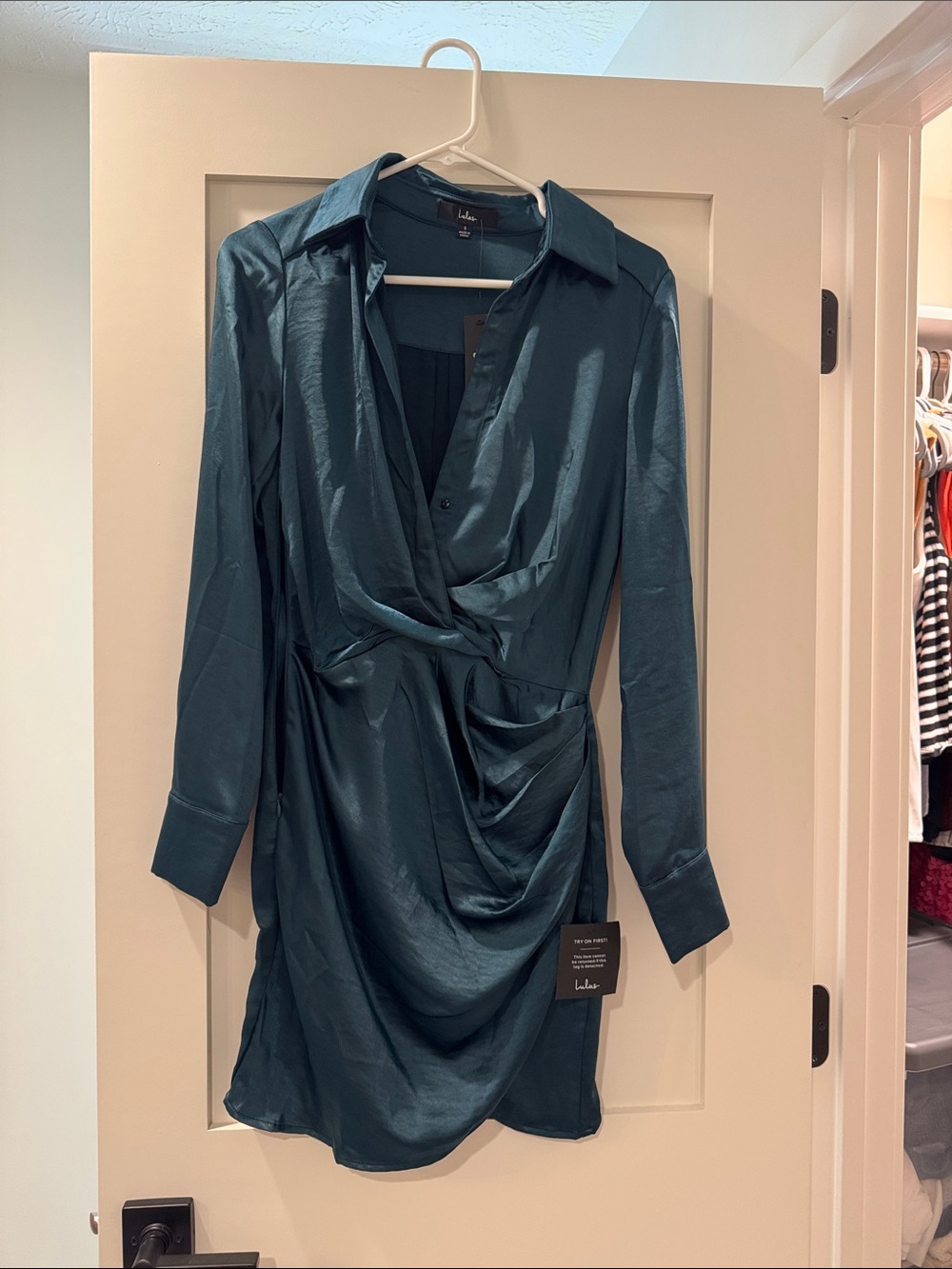 Lulu's Teal Satin Wrap Dress with Draped Skirt